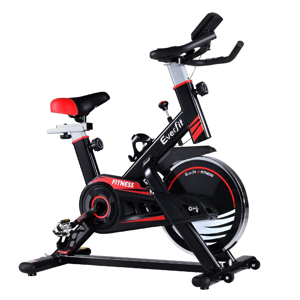 Everfit Spin Exercise Bike with adjustable seat and handlebars, LCD monitor, and non-slip pedals, designed for home workouts.