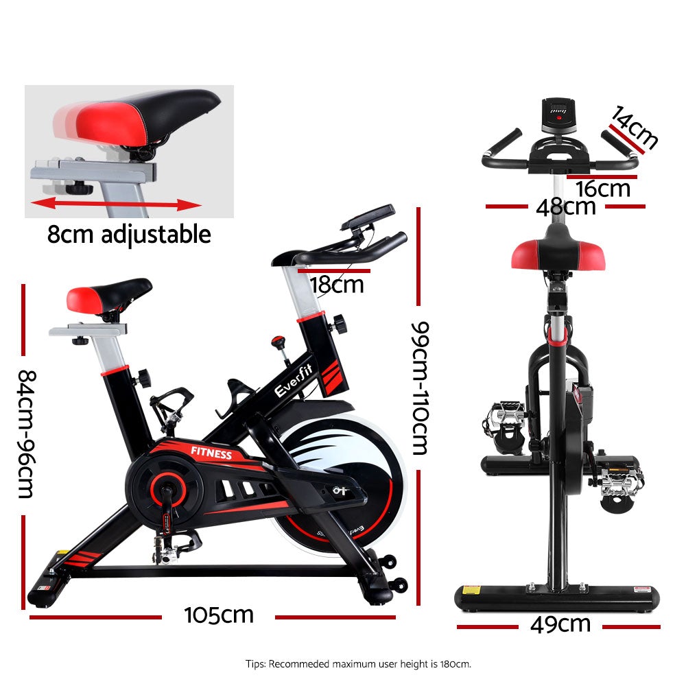 Everfit Spin Exercise Bike with adjustable seat and handlebars, LCD monitor, and non-slip pedals, designed for home workouts.