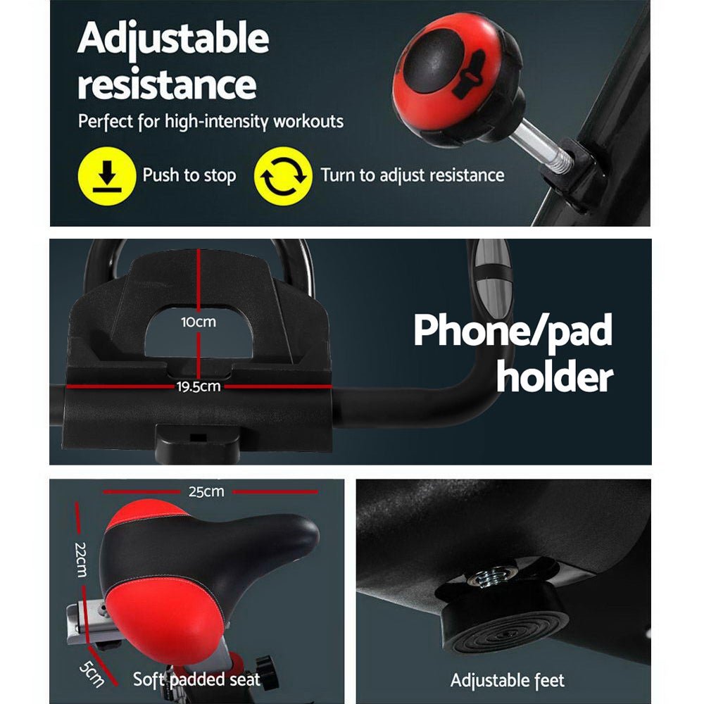 Everfit Spin Exercise Bike with adjustable seat and handlebars, LCD monitor, and non-slip pedals, designed for home workouts.