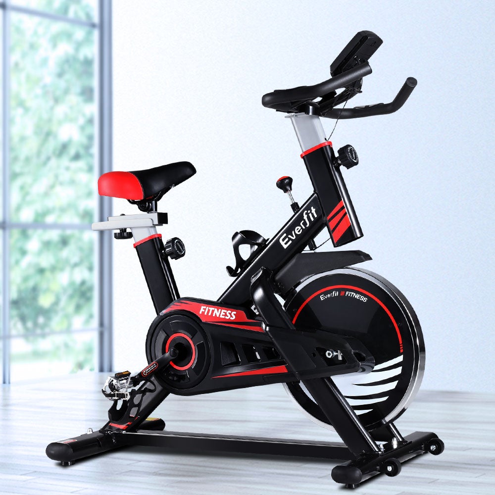 Everfit Spin Exercise Bike with adjustable seat and handlebars, LCD monitor, and non-slip pedals, designed for home workouts.