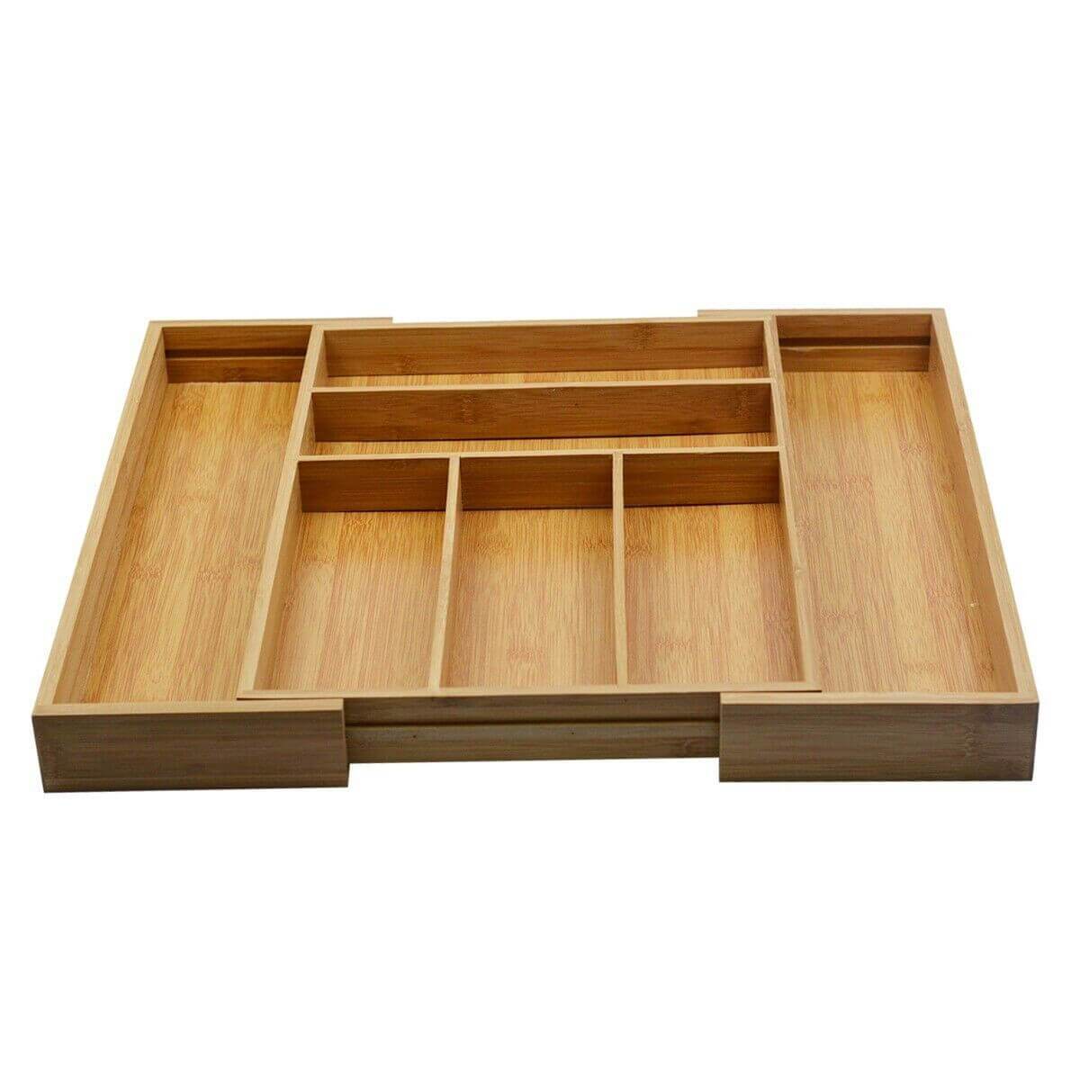 Expandable Bamboo Cutlery Tray with six sections and expandable sides for kitchen organization.