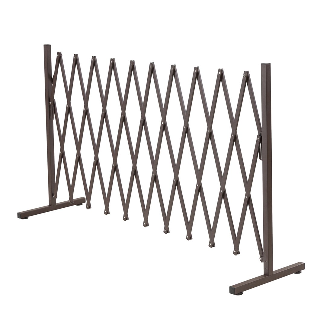 Expandable Metal Steel Safety Gate in brown, showcasing its accordion design and adjustable features for home safety.