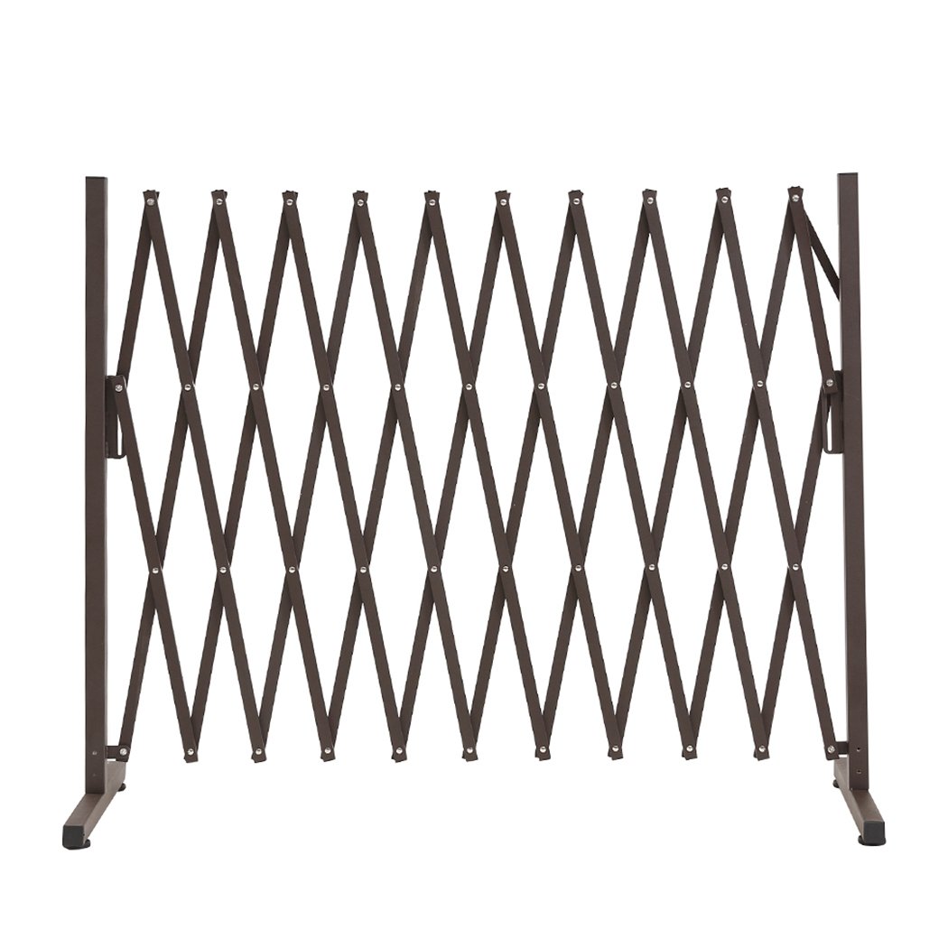 Expandable Metal Steel Safety Gate in brown, showcasing its accordion design and adjustable features for home safety.