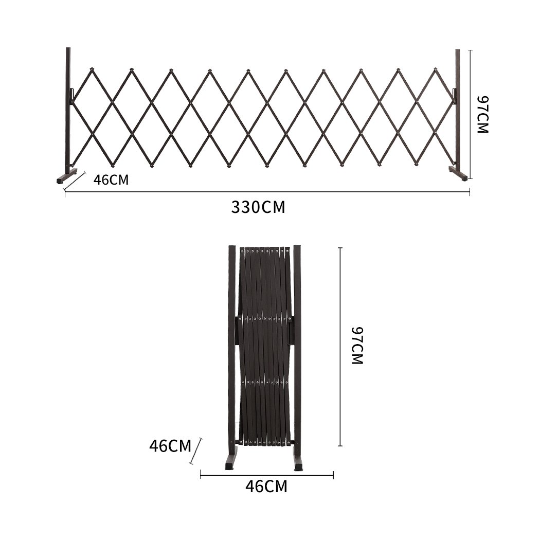 Expandable Metal Steel Safety Gate in brown, showcasing its accordion design and adjustable features for home safety.