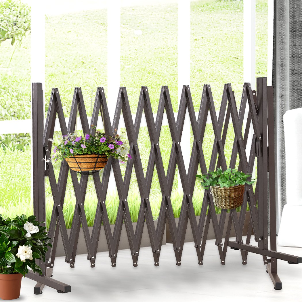 Expandable Metal Steel Safety Gate in brown, showcasing its accordion design and adjustable features for home safety.
