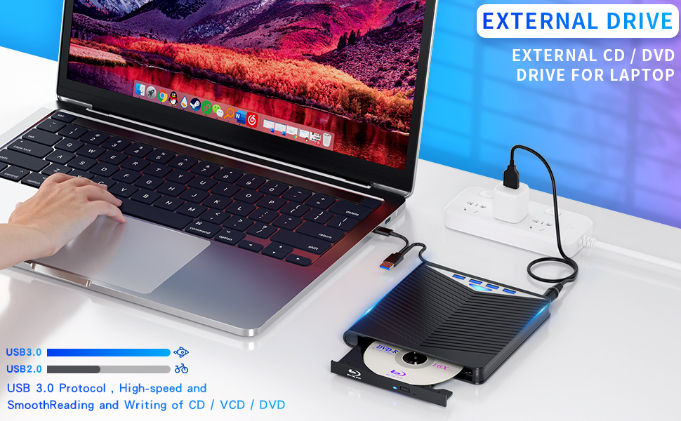 External CD DVD Drive for PC Laptop with USB 3.0, featuring a slim design and multiple connectivity options.
