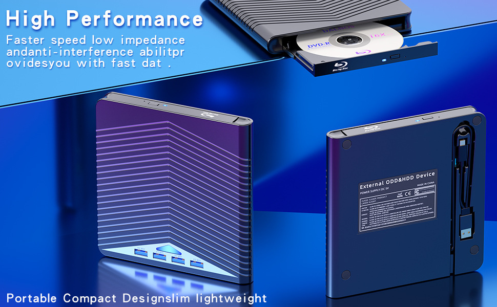 External CD DVD Drive for PC Laptop with USB 3.0, featuring a slim design and multiple connectivity options.