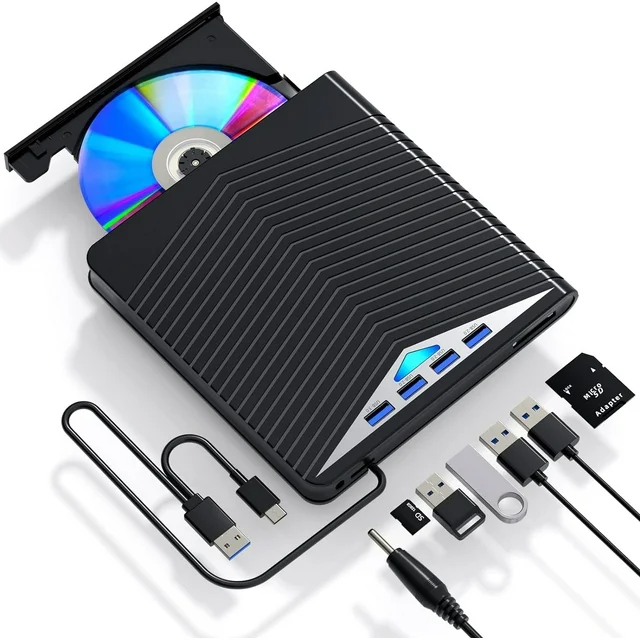 External CD DVD Drive for PC Laptop with USB 3.0, featuring a slim design and multiple connectivity options.