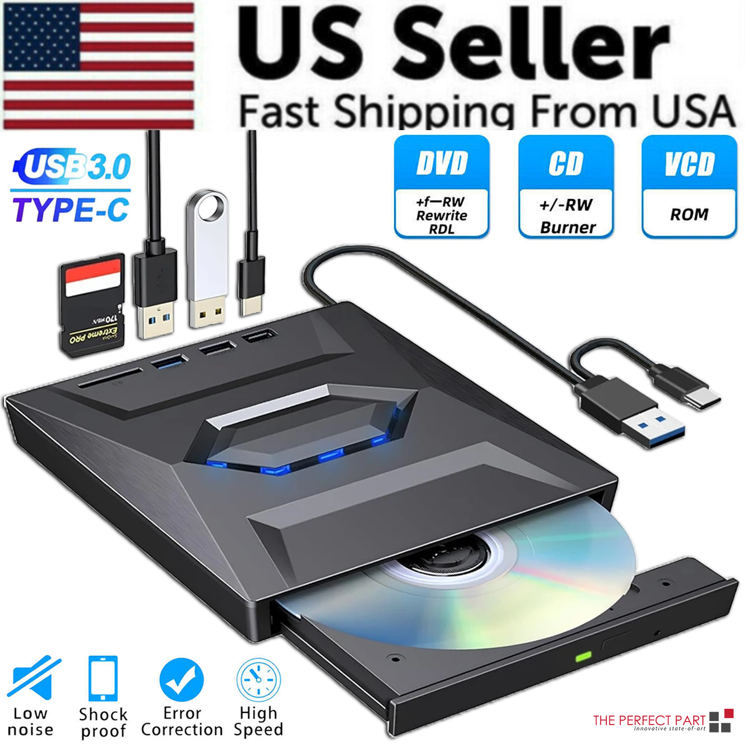 External CD DVD Drive USB 3.0 Writer Burner Player for PC Laptop, featuring a sleek black design with blue LED lights.