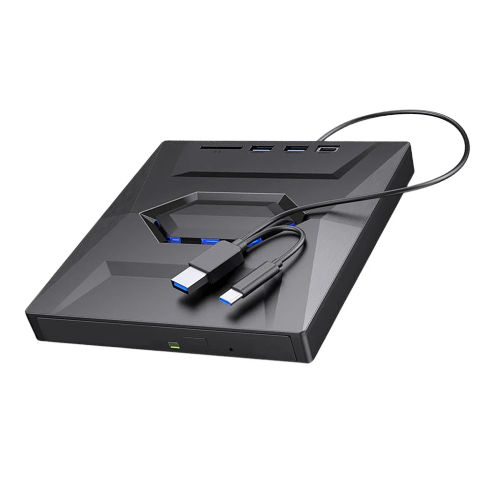 External CD DVD Drive USB 3.0 Writer Burner Player for PC Laptop, featuring a sleek black design with blue LED lights.