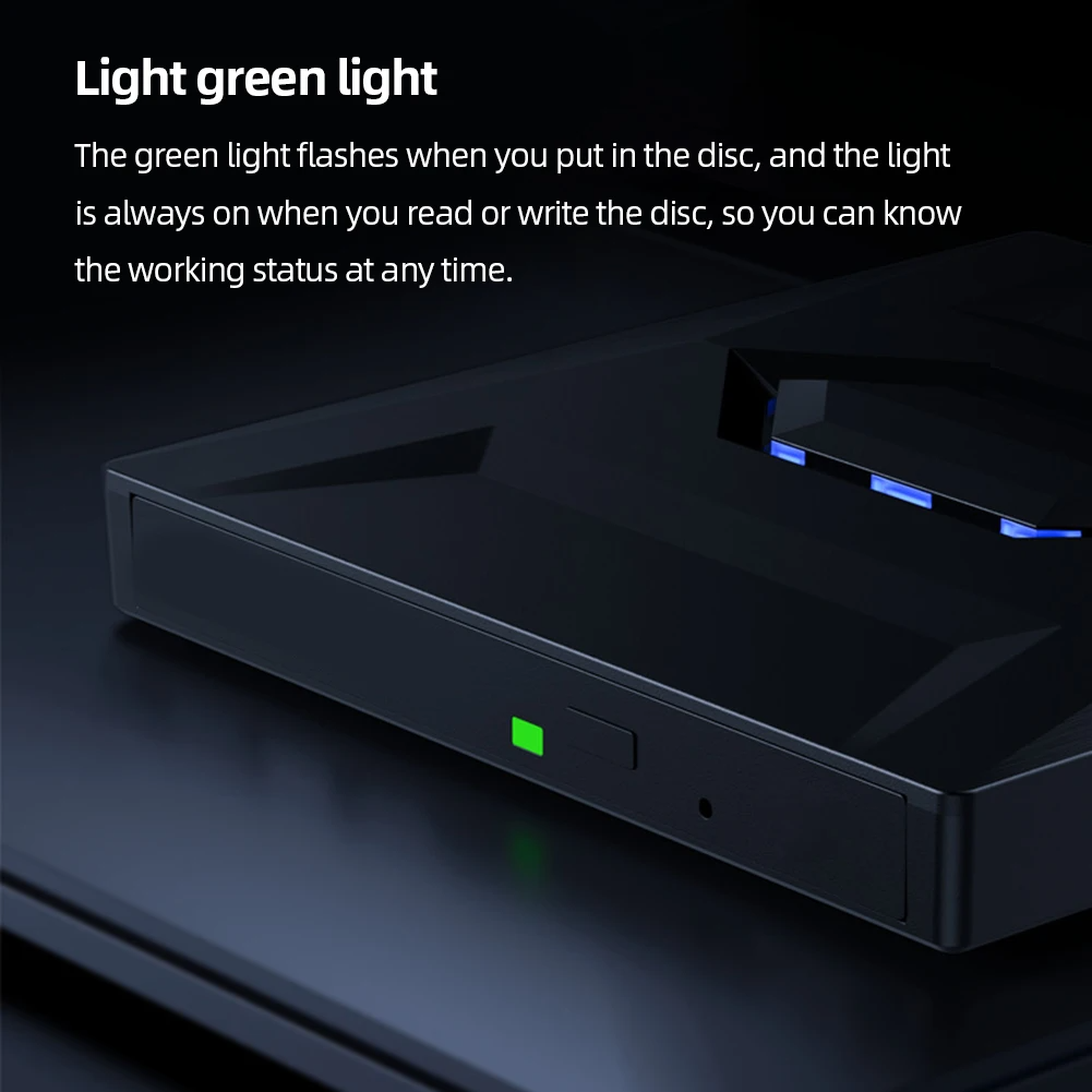 External CD DVD Drive USB 3.0 Writer Burner Player for PC Laptop, featuring a sleek black design with blue LED lights.