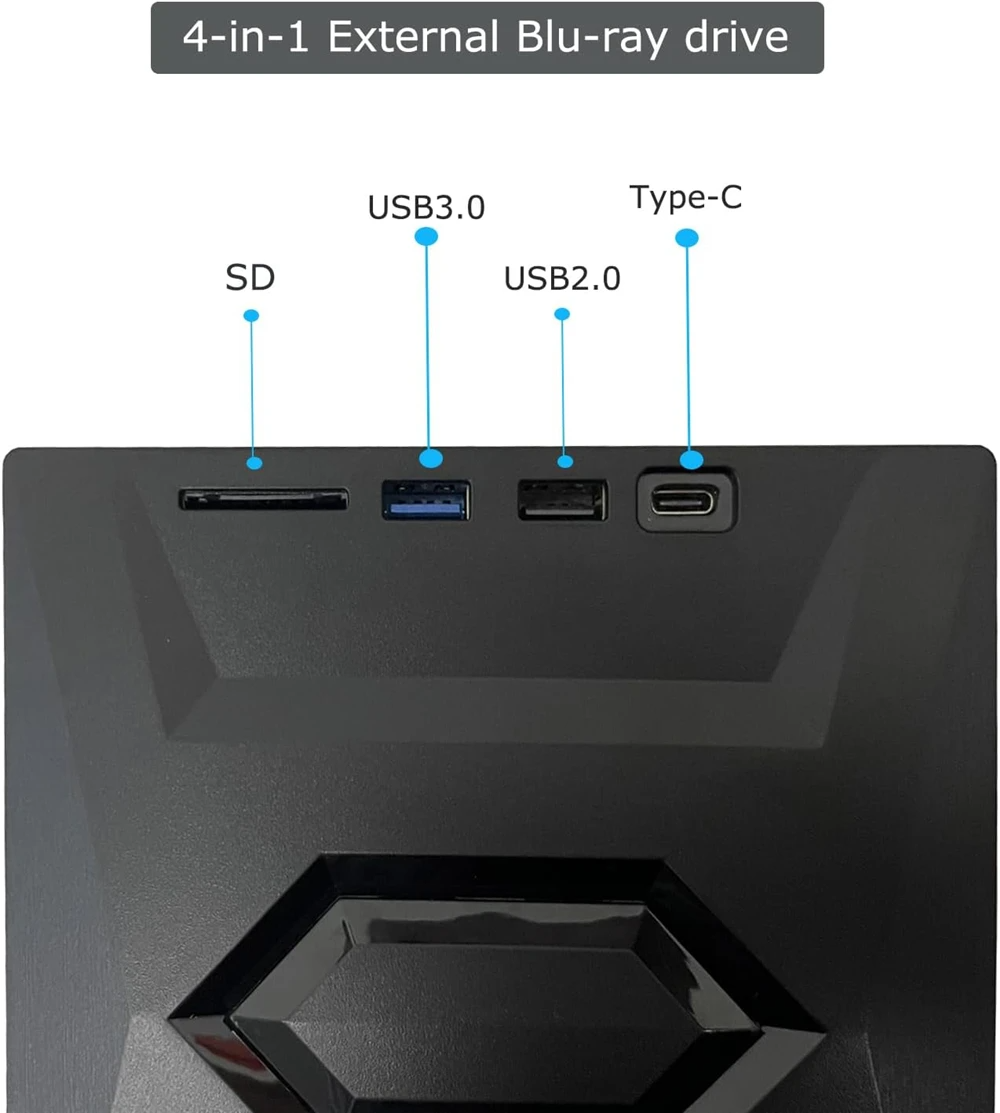 External CD DVD Drive USB 3.0 Writer Burner Player for PC Laptop, featuring a sleek black design with blue LED lights.