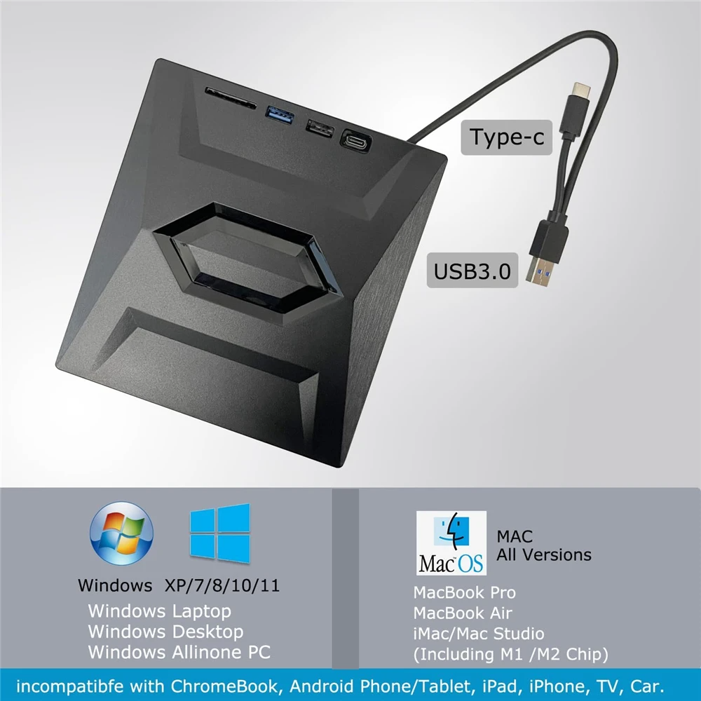 External CD DVD Drive USB 3.0 Writer Burner Player for PC Laptop, featuring a sleek black design with blue LED lights.
