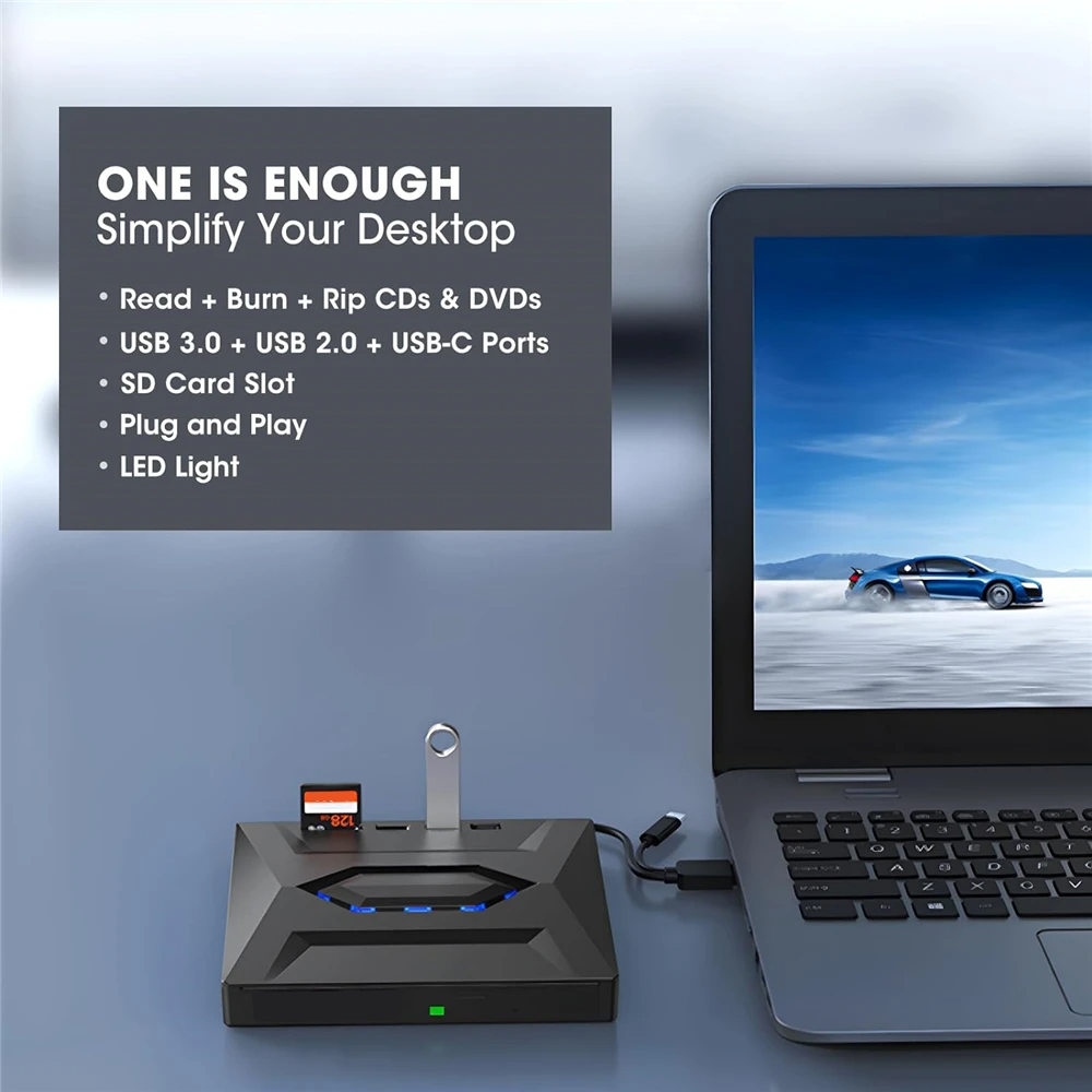 External CD DVD Drive USB 3.0 Writer Burner Player for PC Laptop, featuring a sleek black design with blue LED lights.