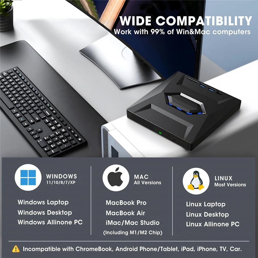 External CD DVD Drive USB 3.0 Writer Burner Player for PC Laptop, featuring a sleek black design with blue LED lights.