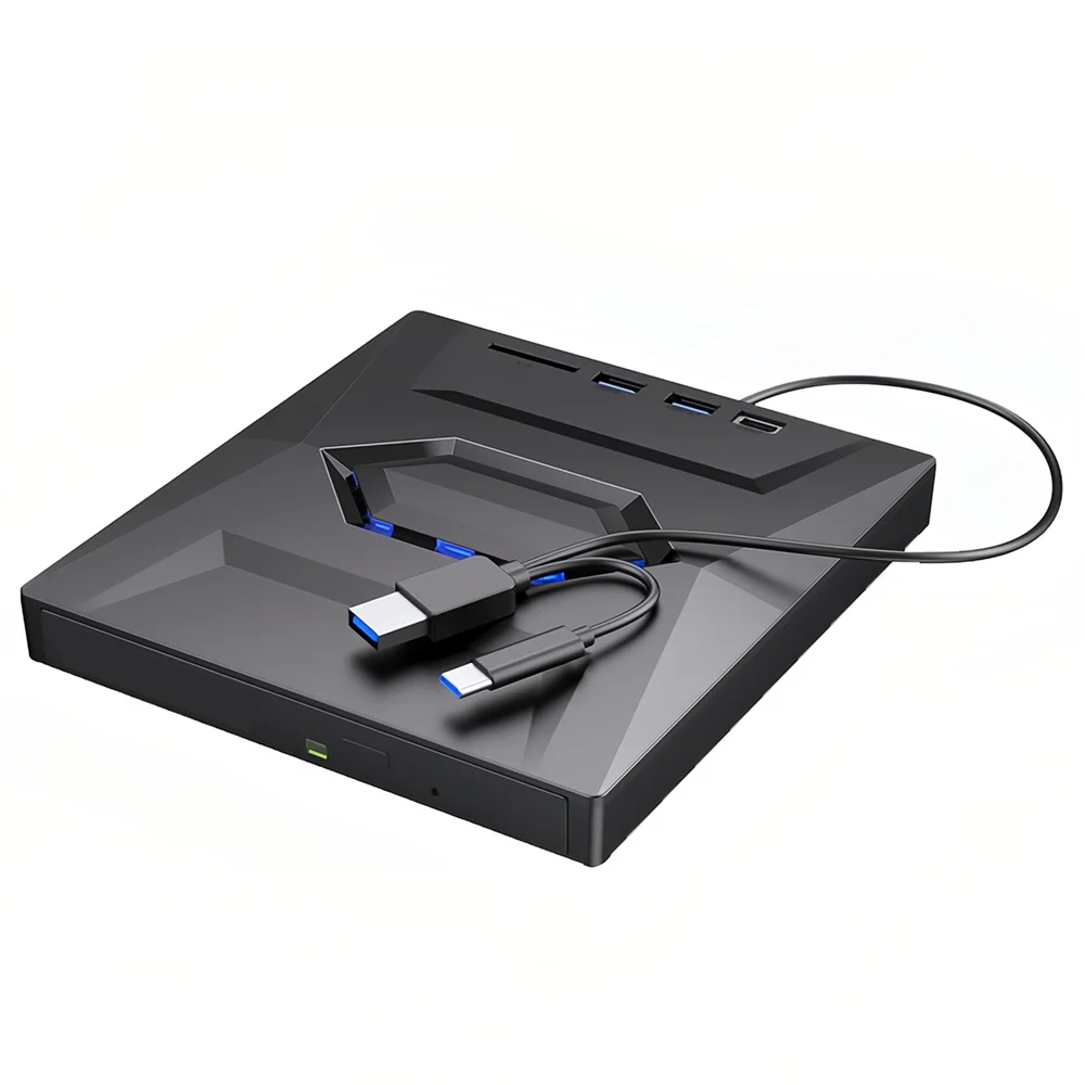 External CD DVD Drive USB 3.0 Writer Burner Player for PC Laptop, featuring a sleek black design with blue LED lights.