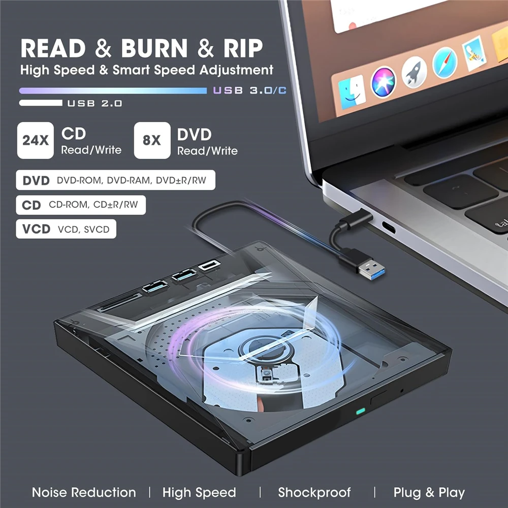 External CD DVD Drive USB 3.0 Writer Burner Player for PC Laptop, featuring a sleek black design with blue LED lights.