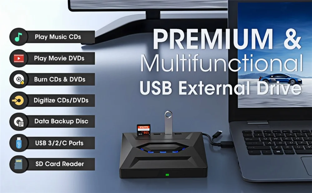 External CD DVD Drive USB 3.0 Writer Burner Player for PC Laptop, featuring a sleek black design with blue LED lights.