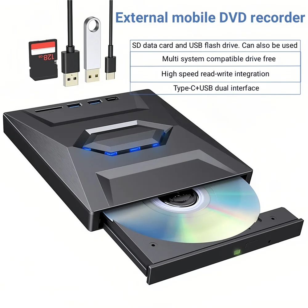 External CD DVD Drive USB 3.0 Writer Burner Player for PC Laptop, featuring a sleek black design with blue LED lights.