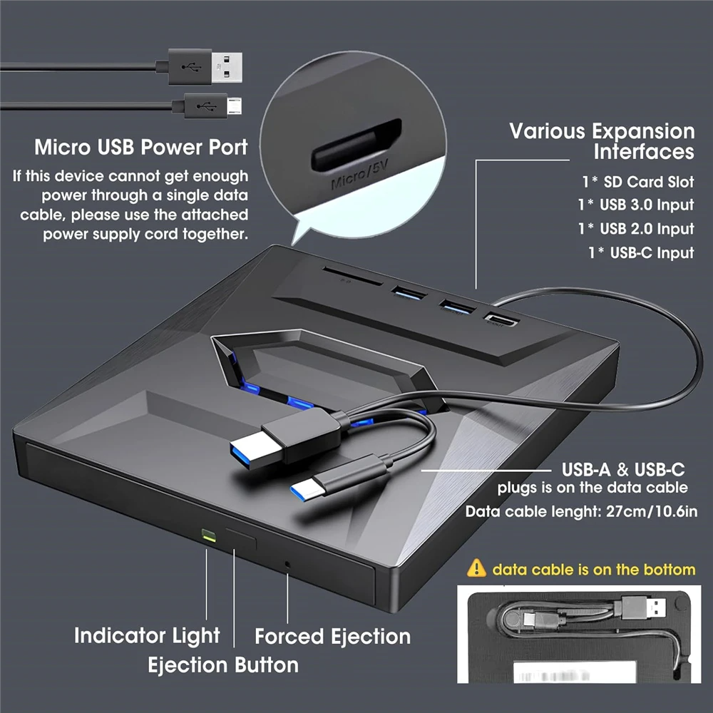 External CD DVD Drive USB 3.0 Writer Burner Player for PC Laptop, featuring a sleek black design with blue LED lights.