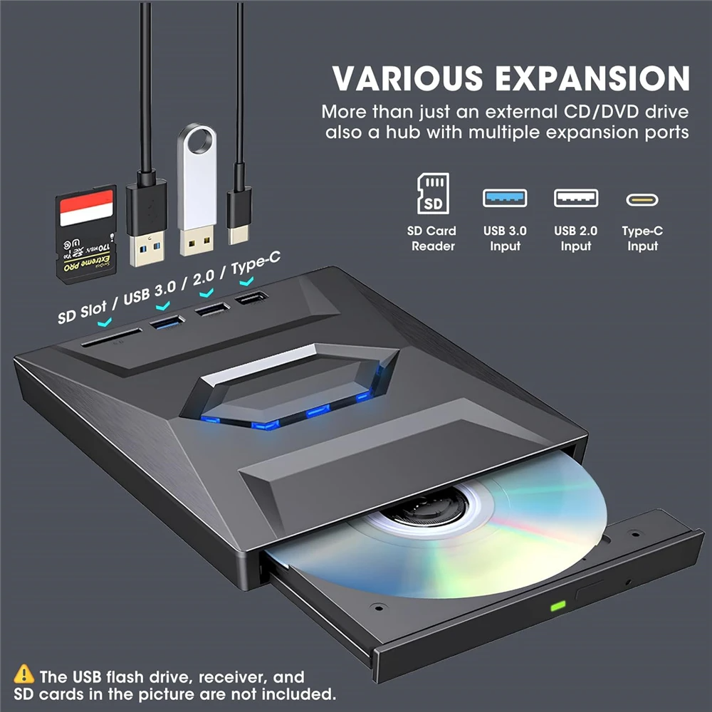 External CD DVD Drive USB 3.0 Writer Burner Player for PC Laptop, featuring a sleek black design with blue LED lights.