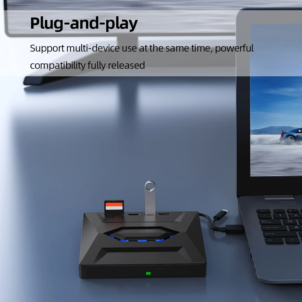 External CD DVD Drive USB 3.0 Writer Burner Player for PC Laptop, featuring a sleek black design with blue LED lights.