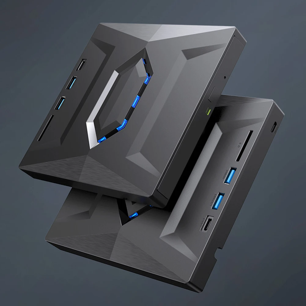 External CD DVD Drive USB 3.0 Writer Burner Player for PC Laptop, featuring a sleek black design with blue LED lights.