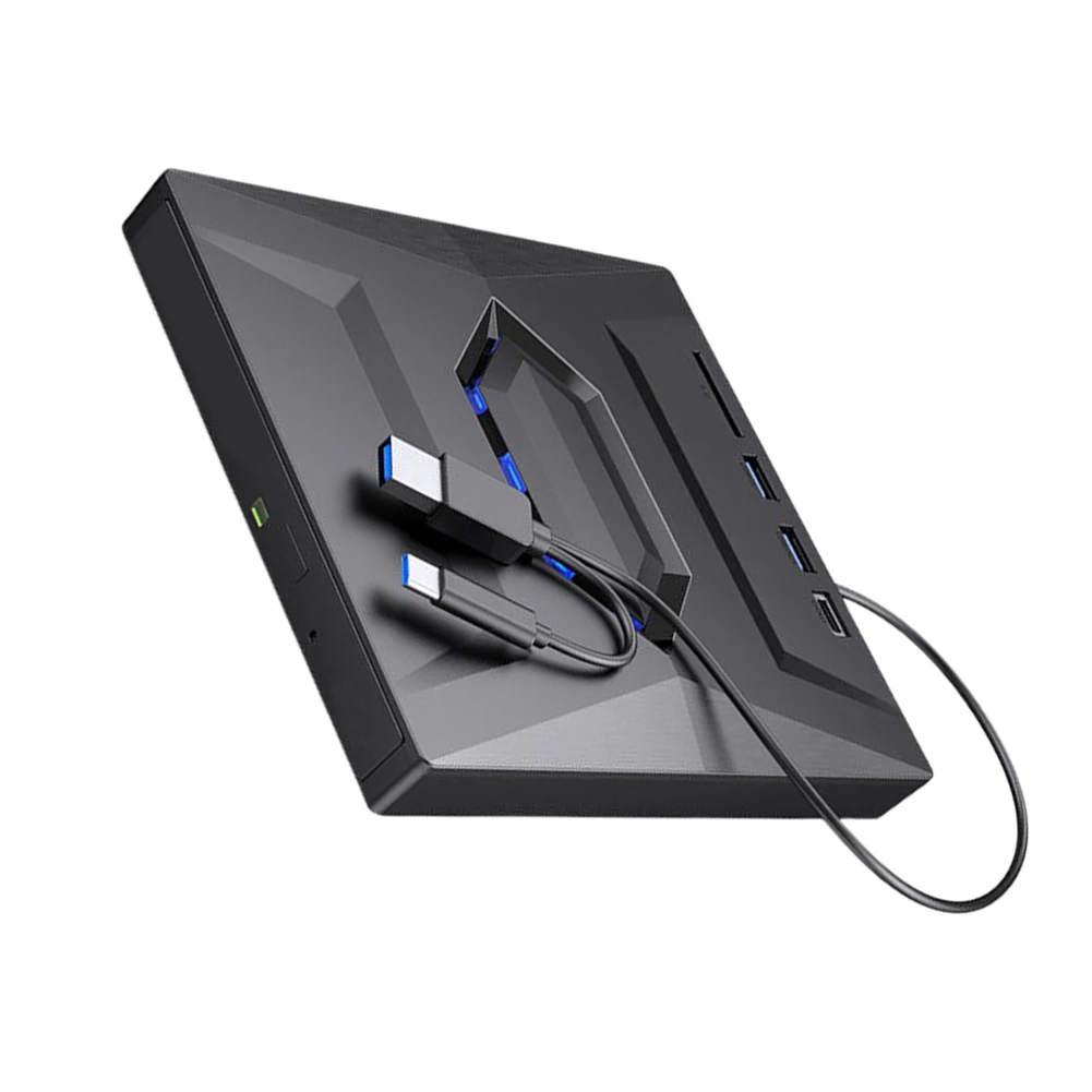 External CD DVD Drive USB 3.0 Writer Burner Player for PC Laptop, featuring a sleek black design with blue LED lights.