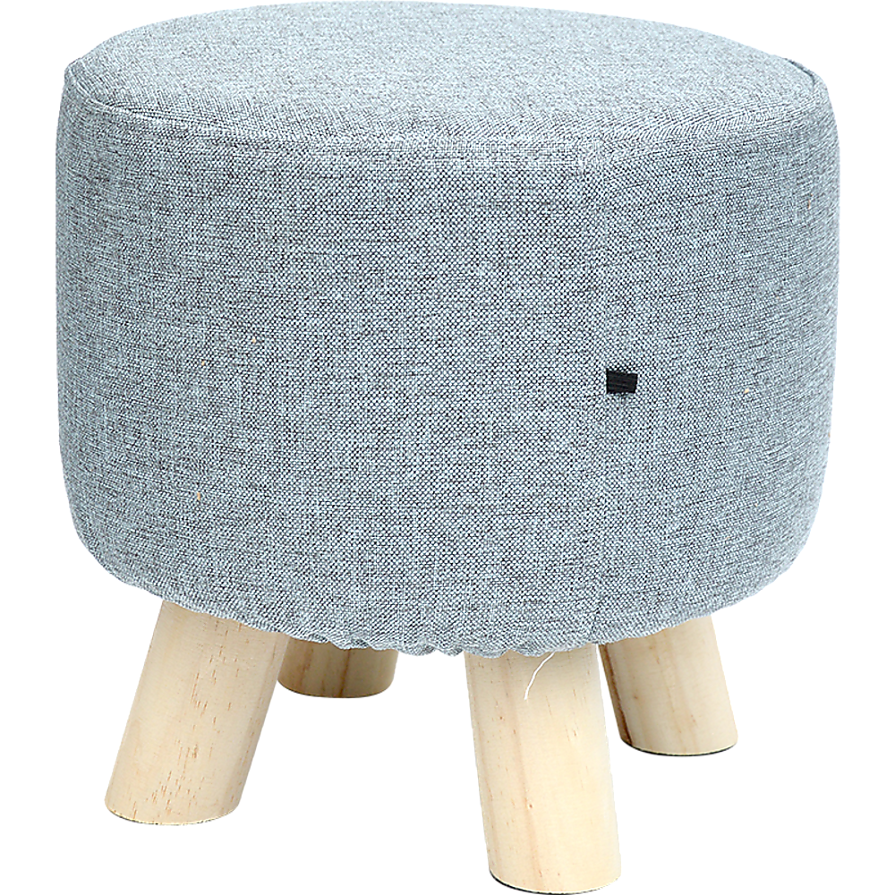 Light grey fabric ottoman foot stool with natural pine legs, padded for comfort, ideal for resting feet or as extra seating.