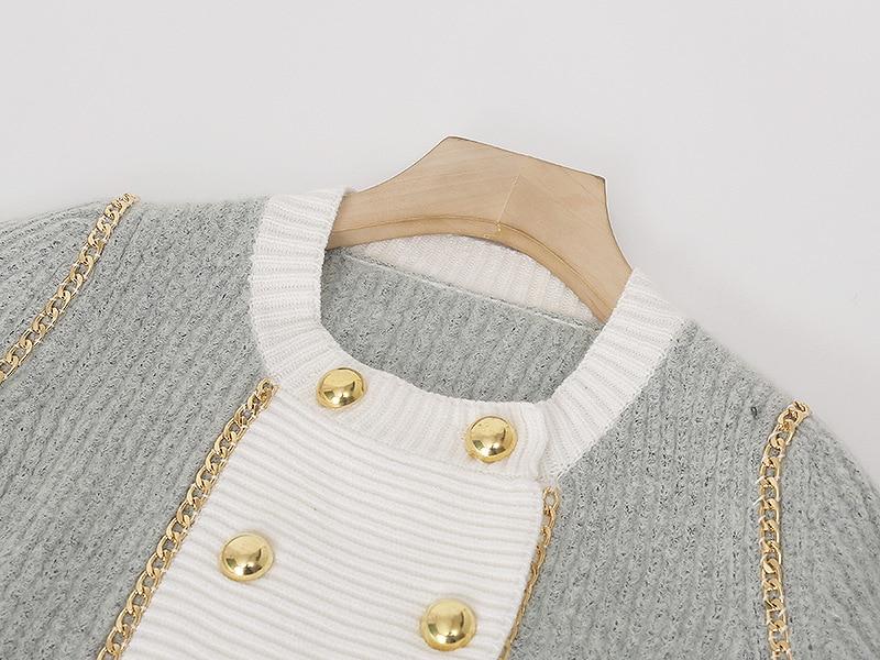 A stylish Fall Winter Knit Cardigan in England style, featuring a double-breasted design and O-neck collar, perfect for women.