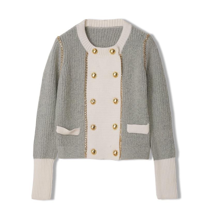 A stylish Fall Winter Knit Cardigan in England style, featuring a double-breasted design and O-neck collar, perfect for women.