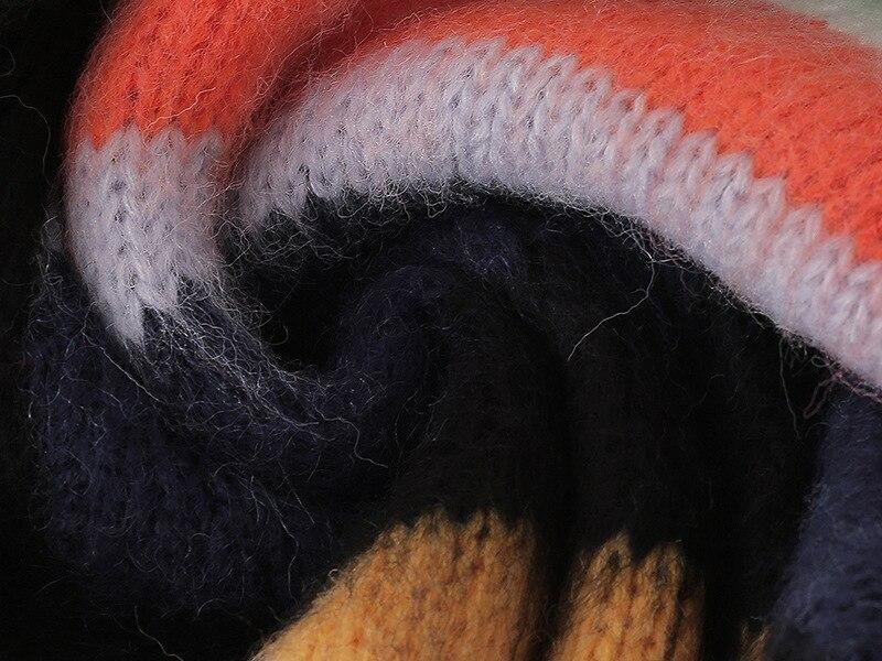 A cozy fall winter oversized thick knit cardigan in mohair with an O-neck and button closure, featuring a striped pattern and long sleeves.