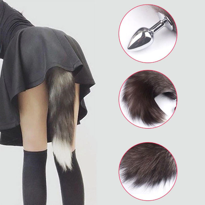 False Fox Tail with Metal Anal-Butt Plug, featuring a soft faux fur tail and a shiny stainless steel plug, ideal for cosplay and intimate play.