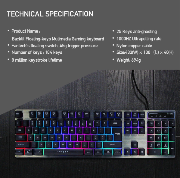 FANTECH KX-302 Major Gaming Keyboard and Mouse Combo featuring backlit keys and ergonomic design.