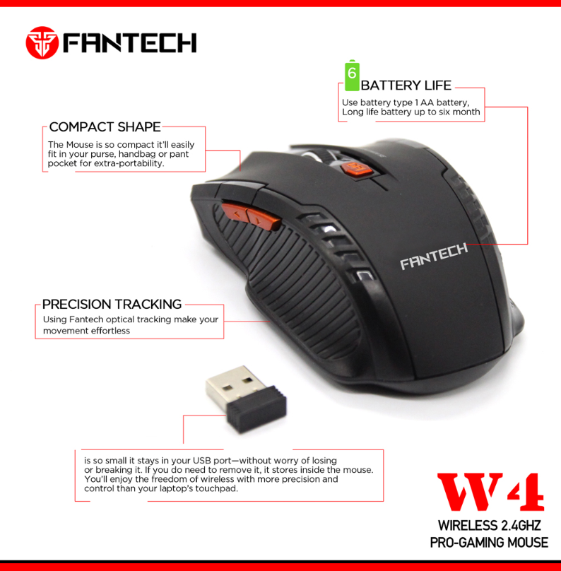 Fantech W4 Raigor Wireless Gaming Mouse in black, featuring six buttons and ergonomic design for right-handed users.
