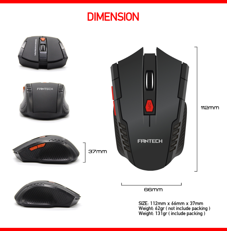 Fantech W4 Raigor Wireless Gaming Mouse in black, featuring six buttons and ergonomic design for right-handed users.