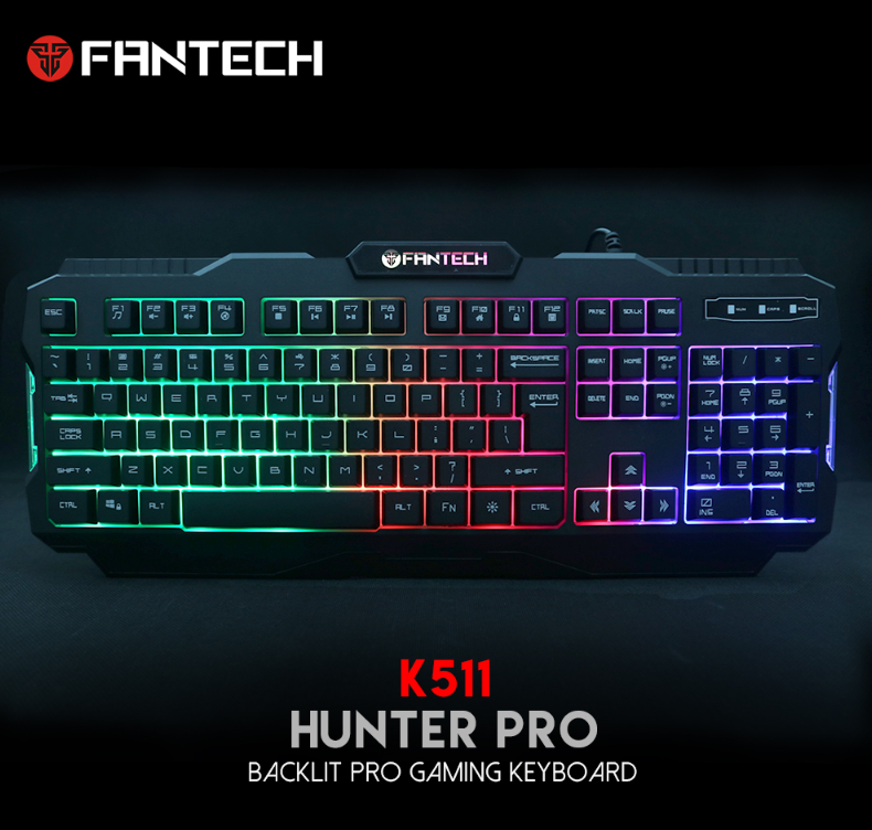 Fantech Wired Keyboard K511 Hunter Pro with rainbow LED illumination and 104 keys, designed for gaming.