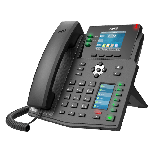 FANVIL X4U Enterprise IP Phone with dual color displays and sleek design, showcasing its features and connectivity options.