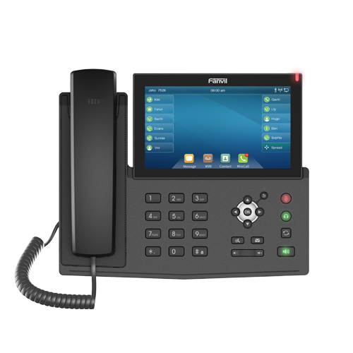 FANVIL X7 IP Phone featuring a 7-inch touch screen, Bluetooth connectivity, and dual Gigabit Ethernet ports.