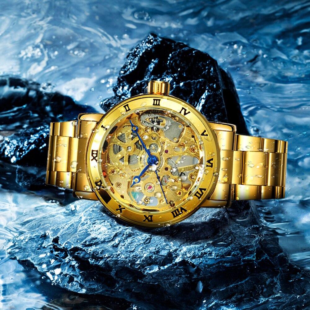 Elegant gold skeleton mechanical watch for ladies with stainless steel bracelet and intricate dial design.