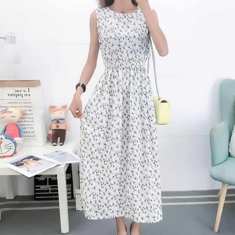 Fashion Printed Slim Slimming Dress in vibrant colors, sleeveless design, mid-length skirt, made from soft cotton material.