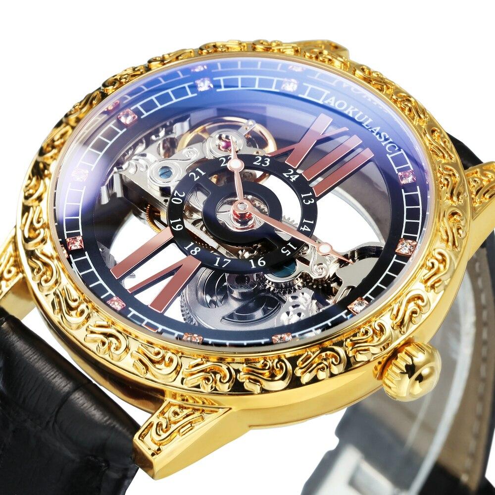 Fashion Transparent Skeleton Luxury Watch for Men with mechanical movement, leather strap, and golden bridge crystal dial.