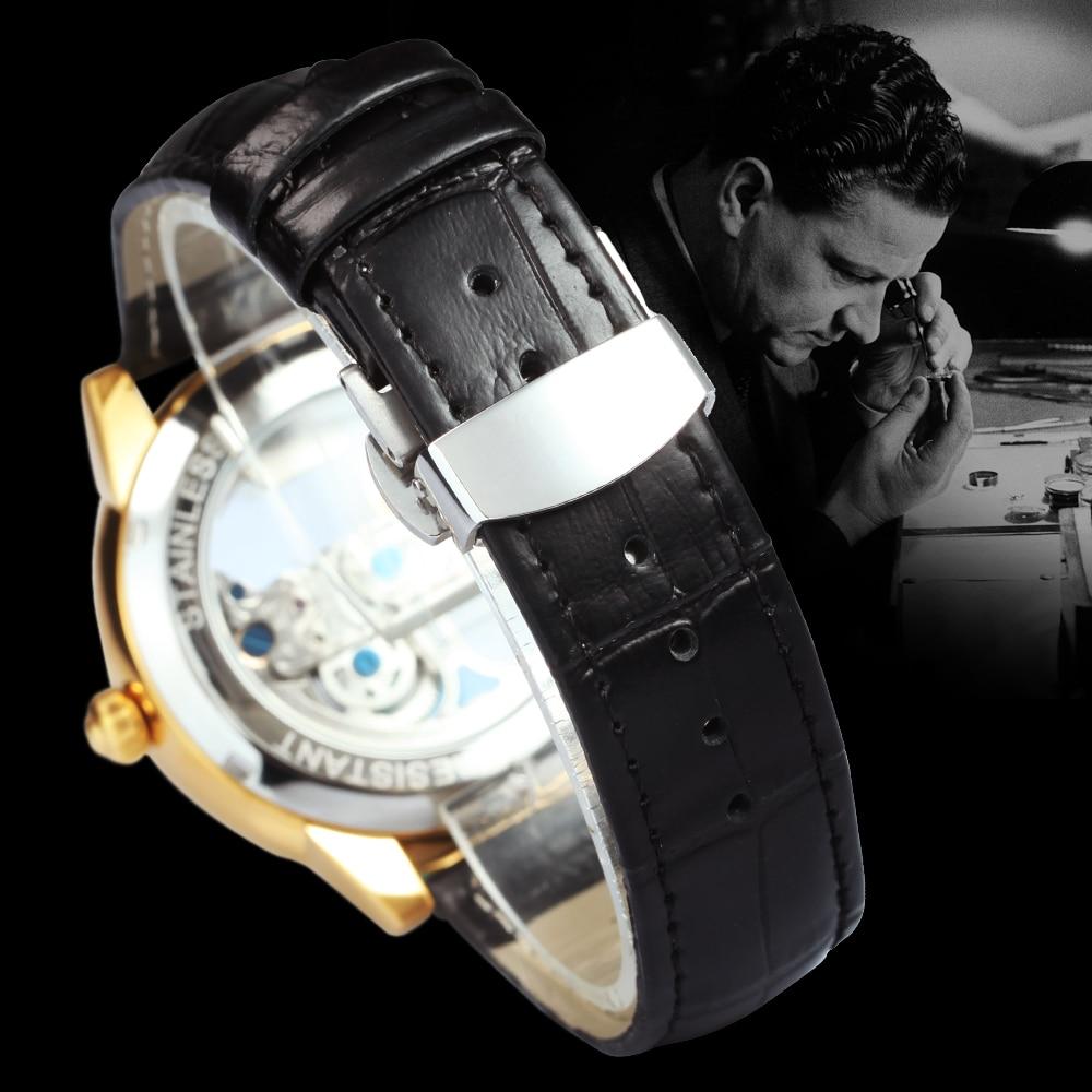 Fashion Transparent Skeleton Luxury Watch for Men with mechanical movement, leather strap, and golden bridge crystal dial.