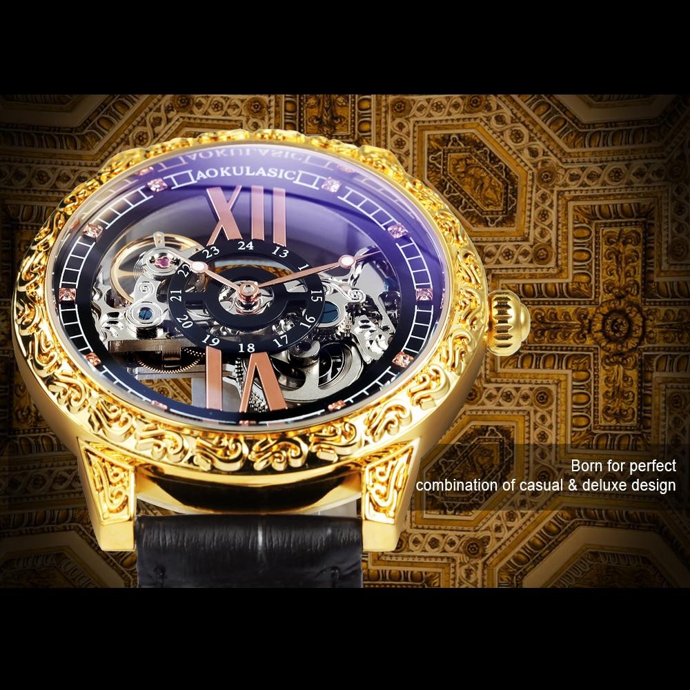 Fashion Transparent Skeleton Luxury Watch for Men with mechanical movement, leather strap, and golden bridge crystal dial.