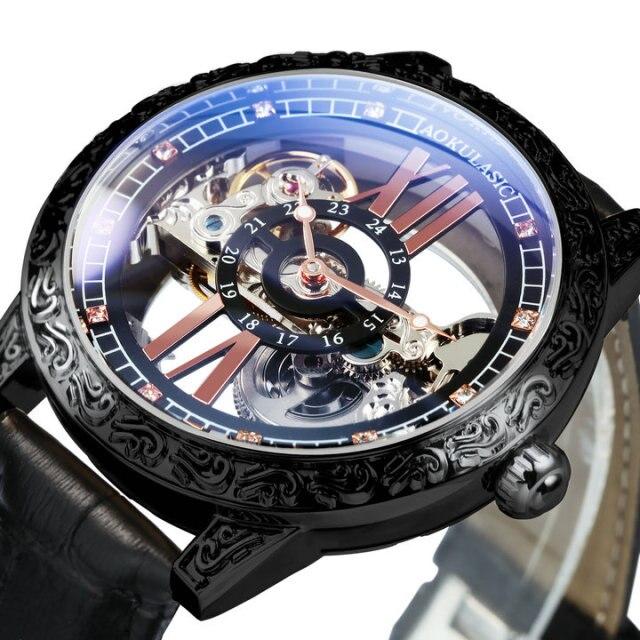 Fashion Transparent Skeleton Luxury Watch for Men with mechanical movement, leather strap, and golden bridge crystal dial.