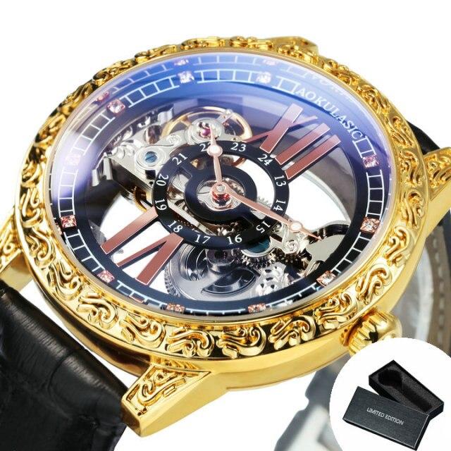 Fashion Transparent Skeleton Luxury Watch for Men with mechanical movement, leather strap, and golden bridge crystal dial.