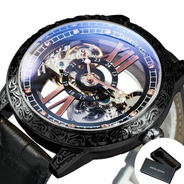 Fashion Transparent Skeleton Luxury Watch for Men with mechanical movement, leather strap, and golden bridge crystal dial.