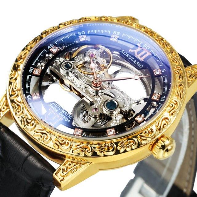 Fashion Transparent Skeleton Luxury Watch for Men with mechanical movement, leather strap, and golden bridge crystal dial.