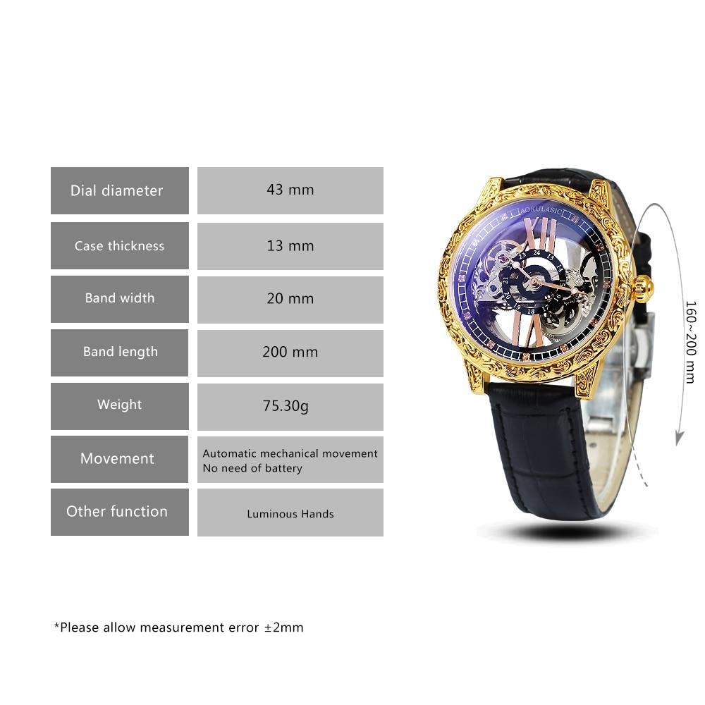 Fashion Transparent Skeleton Luxury Watch for Men with mechanical movement, leather strap, and golden bridge crystal dial.