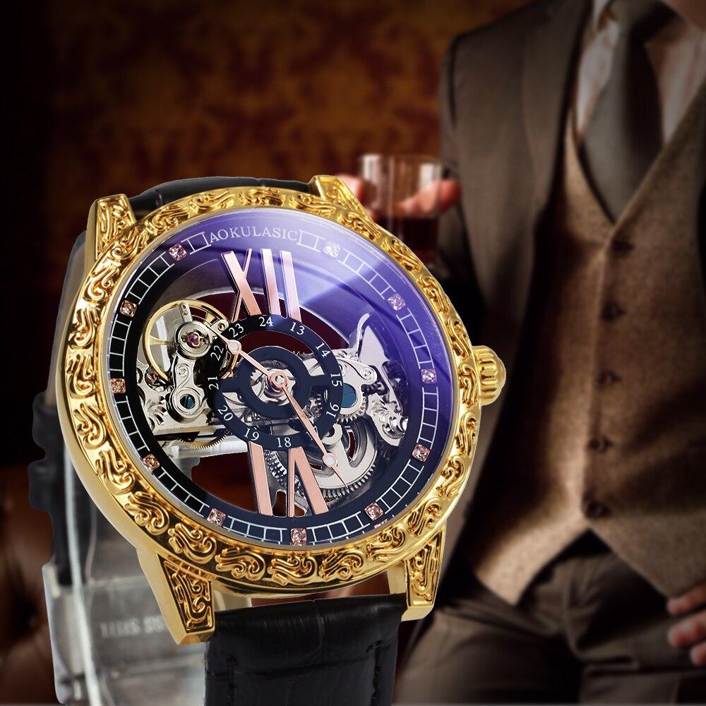 Fashion Transparent Skeleton Luxury Watch for Men with mechanical movement, leather strap, and golden bridge crystal dial.